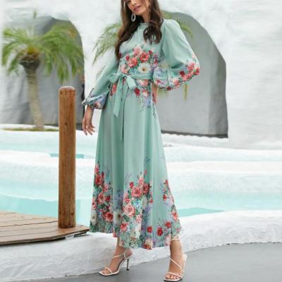 China Wholesale High Quality Anti-static Floral Dress Lantern Sleeve Ladies Dresses Summer Fashion Clothing Design With Belt High Waist Dress for sale