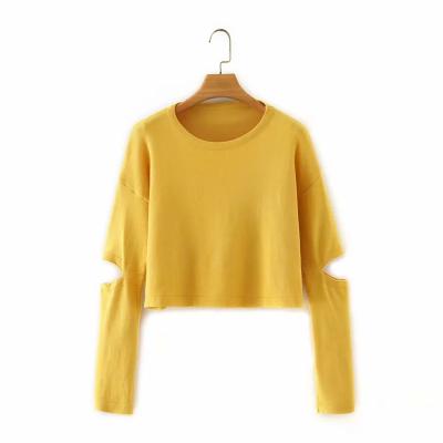 China 2020 Spring Autumn Anti-wrinkle Hollow Out Long Sleeve Crewneck Polyester Casual Crop Tops Knit Women's Sweater Cardigans for sale