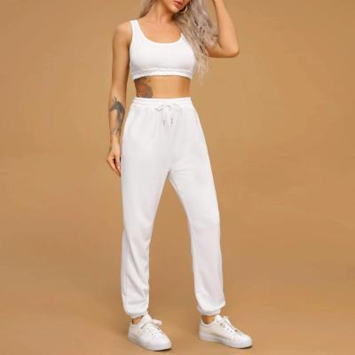 China White Cotton Womens Breathable Joggers Custom Suits Set Cropped Tank Top And Drawstring Sweatpants Set Women for sale