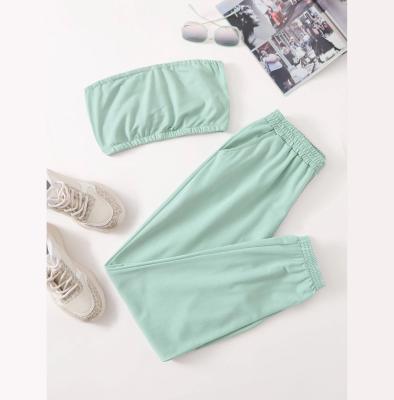 China 2021 new arrival anti-pilling casual outfits summer 100% cotton two pieces for women custom single tube tops jogger sweatpants sets outfits for sale