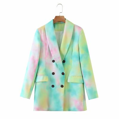 China Viable Tie Dye Autumn Spring Blazers Women Ladies Straight Loose Double Breasted Jacket Coat Office Lady Casual Coat for sale