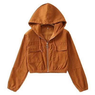 China Anti-Wrinkle 2020 Autumn Spring White Corduroy Woman Crop Coat Brown Corduroy Cowl Zipper Free Flat Pocket Coat Jacket Women for sale