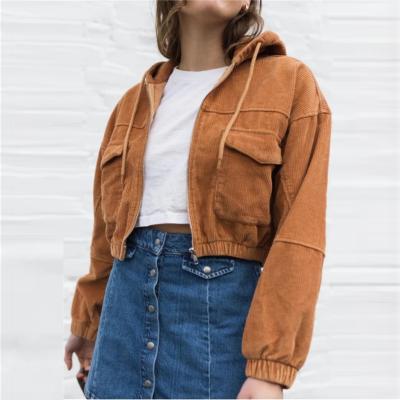 China Anti-Wrinkle 2020 Autumn Corduroy Coat Jacket Women Crop Woman Brown Corduroy Coat Hood Drawstring Solid Flat Zipper Pocket for sale