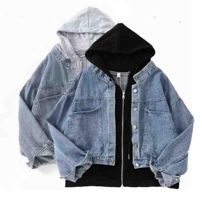 China Anti-wrinkle 2020 autumn winter one size black hoodie jackets for women streetwear hood front pocket lattice jacket oversized denim jacket women for sale