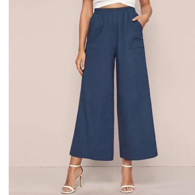 China 2020 Spring/Autumn 100%cotton blue wide leg pants ladies elastic waist patch pocket Anti-wrinkle palazzo high top pants pants for women for sale