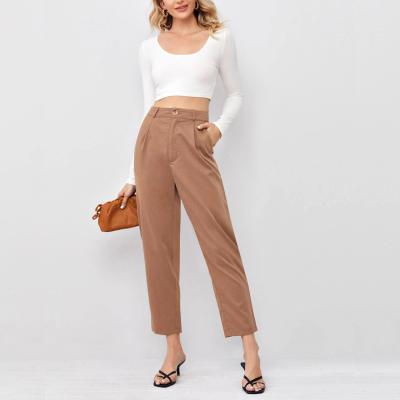 China Breathable Custom High Quality Solid Pleat Pleated Womens Pants Button Front Side Pocket Tailored Pants High Waist Trousers For Female for sale