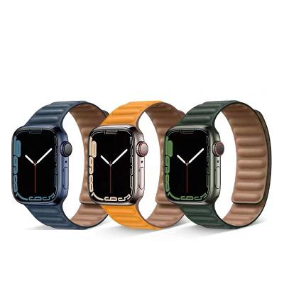 China Magnetic Link Band 45mm 41mm Distinctive Easy Installation Band Wrist Watch Band Genuine Leather Strap For Iwatch Series 7 Apple Watch Band for sale