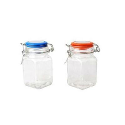 China Glass Food Clear Square Jar With Colorful And S/s Rack Lid for sale