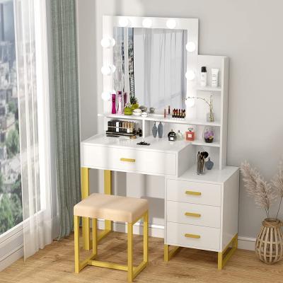 China Other dressing table with lighting mirror, makeup dressing table with LED lamp, drawer, storage rack and upholstered stool, small for sale