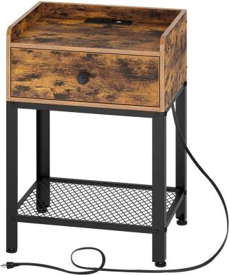 China (Others) Nightstand Adjustable Rustic End Table Charging Station and USB Ports with Drawer and Metal Shelf for Bedroom, Living Room for sale