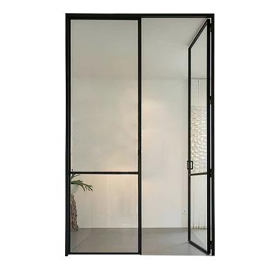 China Decoration French style hinge connected inside 8mm grey glass aluminum casement door rotating door with side double swing for sale