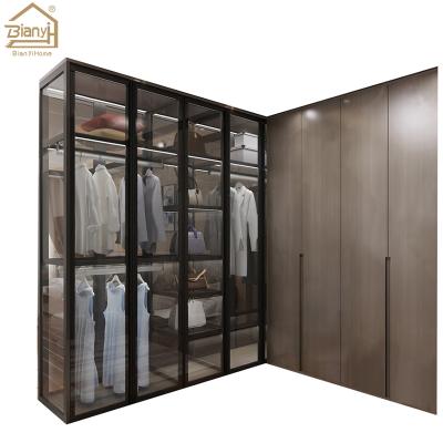 China Custom (Height)Adjustable Modern Bedroom Design Walk In Closet Aluminum Glass Door Wardrobe for sale