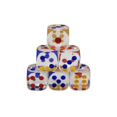 China Custom Transparent Plastic Casino D6 Plastic Dice With Colored Dots for sale