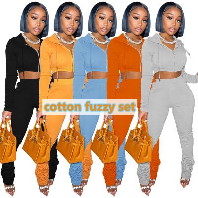 China Fuzzy Women Slim Fit Crop Anti-Wrinkle Hoodies Set Thick Top Anti-Wrinkle Cotton Joggers Zipper Crop Top Zipper Pocket Bag Pants Solid Color 2 Piece Set for sale