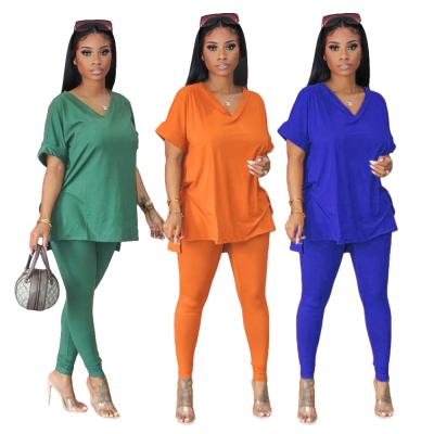 China 2021 Summer Casual Tracksuit Jogger Anti Wrinkle Women Two Piece Set 2 Piece Set Solid Color V Neck Loose Short Sleeve Women Two Piece Set for sale