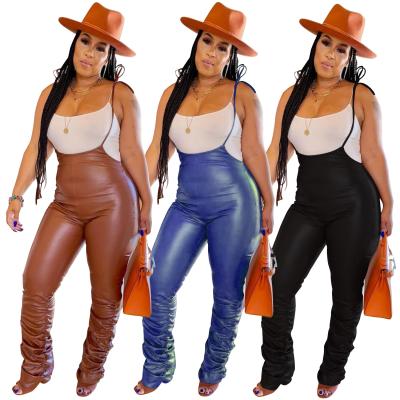 China Anti-Wrinkle Anti-Wrinkle 2022 Spring New Arrival Black Brown Vegan Leather Pants Women Fashion Women Overall Suspender Pants Stacked PU Pant for sale