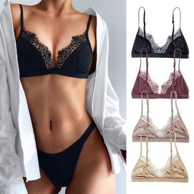 China France Ice Satin Lace Cup Wireless Comfortable Antibacterial Seamless Soft Silk Bralette Thin Bras For Women for sale