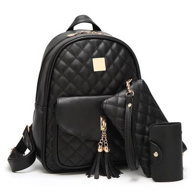 China Waterproof Women Black PU Leather Bags Backpack For Girls Tassel Schoolbag - Casual Daypack Backpack 3 Pcs Set for sale