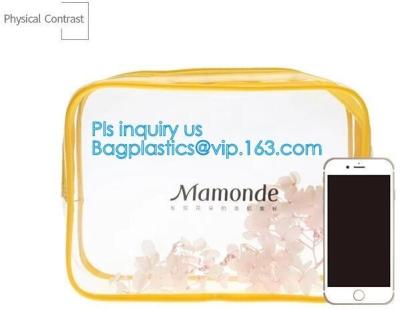 China Trendy transparent PVC makeup bag with nylon handle, pvc hanging travel cosmetic makeup zipper bag, travel makeup organi for sale