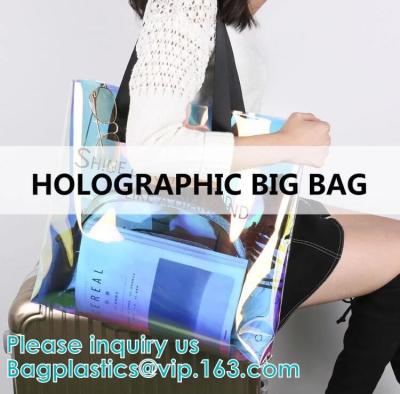 China Bolso olográfico de encargo de neón de la playa de la manija del PVC del bolso del PVC Tote Bag del holograma del arco iris, bolsa cosmética del viaje del maquillaje, cremallera en venta