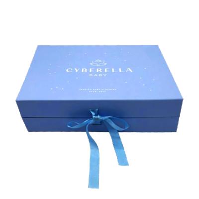 China Custom Logo Folding Recyclable Custom Shipping Gift Boxes Clothes Box With Bow Empty Blue Cardboard Large Magnetic Paper Box for sale