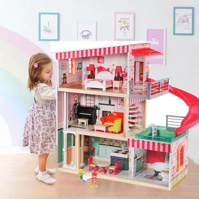 China Mini Toy 3-Layer Girls Pretend To Be Wooden Doll House DIY Large Children's Role-Playing Children's Furniture Set for sale