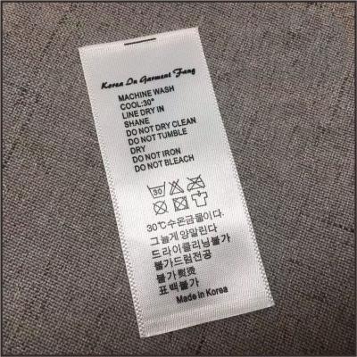 China OEM Viable Custom White Satin Wash Care Label Silk Printing Neck Label For Clothes for sale