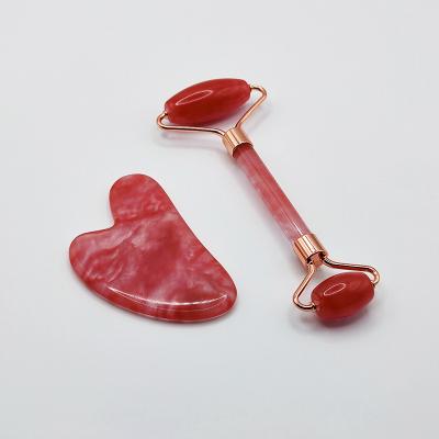 China Face Lift Skin Care Carnelian Gua Sha Tools Red Jasper Gua Sha Rose Quartz Roller and Gua Sha Set for sale