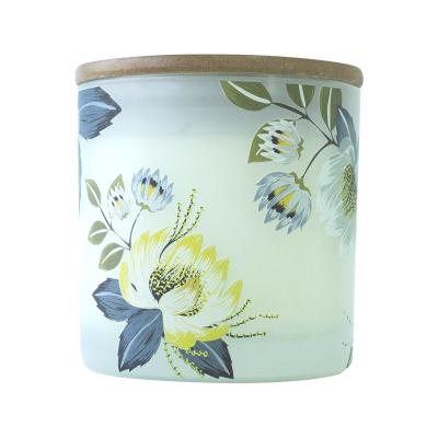 China Comstimized scented scented jar candle in blue floral printing glass jar with wooden lid for sale