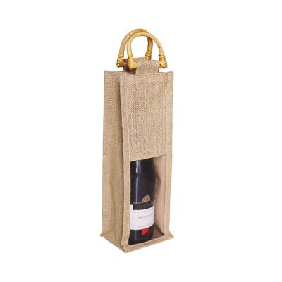 China Custom Logo Handled Recycled Eco - Friendly Reusable Jute Wine Bottle Bags With Bamboo Handle for sale