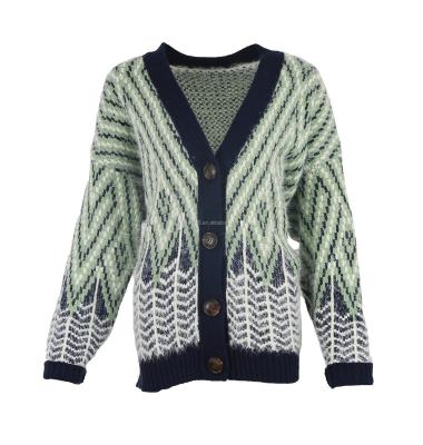 China Anti-pilling VINTAGE STYLE IN GEOMETRIC JACQUARD WITH FANCY YARN WOMEN'S CARDIGAN SWEATER for sale