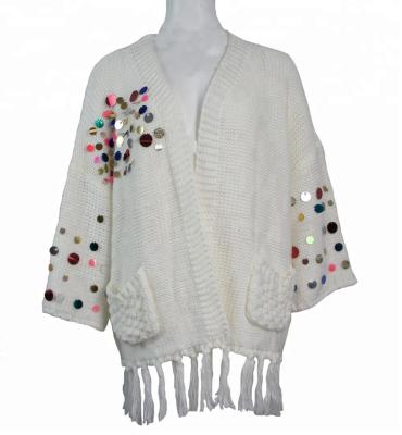 China Anti-Shrink Women's Tassel Knitted Cardigan Sweater With Sequin for sale