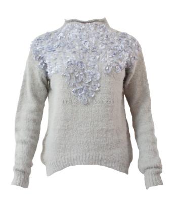 China Knitted sweater of anti-pilling women's pullover in fancy hairy yarn with 3D flower decoration for sale