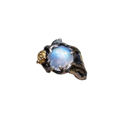 China New Exaggerated Moonstone Punk Ring For Women Popular Hand made Rose Flower Ring Jewelry Wholesale for sale