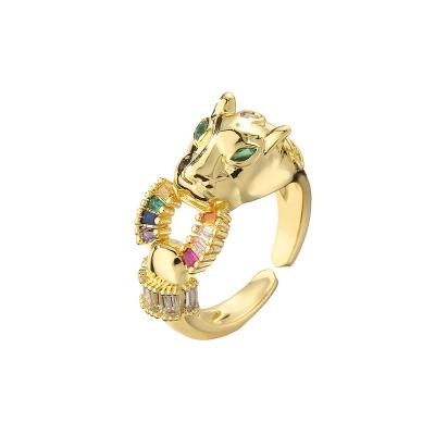 China High Quality Luxury Gold Plated Colorful Zirconia Leopard Head Crystal Brass Women Hiphop Style Real Opening Rings for sale