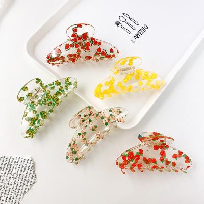 China Sweet Cute Acrylic Fruit Hair Claw 11cm*5cm Strawberry Hair Clip Flower Geometric Hollow Claw For Thick Hair for sale