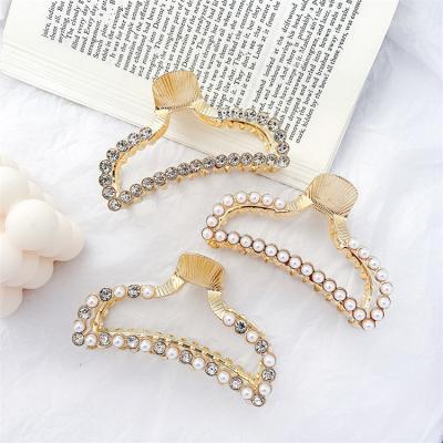 China 2021 New Girls' Hair Decoration Alloy Geometric Pearl Crystal Big Hair Claw Clip Rhinestone Gold Rhinestone Hair Clip Luxury Shiny Hairpin Accessories for sale