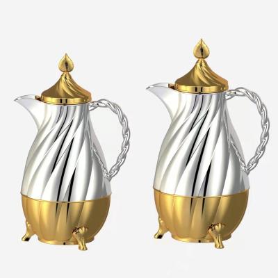 China PORTABLE Gold Woven Coffee Pot Middle East Arabic Glass Inner Thermos Cane Design Vacuum Bottle Set for sale