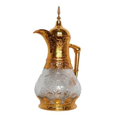 China Fashion PORTABLE Arabic style factory restaurant juice 1600ML filling water jug ​​with gold decoration Arabic glass jar for sale