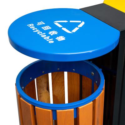 China Fulin Sustainable Recycling Bin 3 Compartments Metal Trash Can For Outdoor Hotel for sale