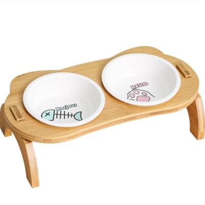 China Sustainable Wood Non Slip Bowl Cat Bowls Solid Bamboo Water Ceramic Holder Feeder Set For Cats And Puppy for sale