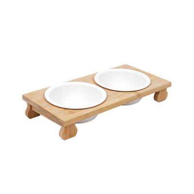 China Sustainable Wholesale Custom Pet Raised Dog and Cat Wooden Rack Pet Feeder, Raised Rack Comes With Two Ceramic Bowls for sale