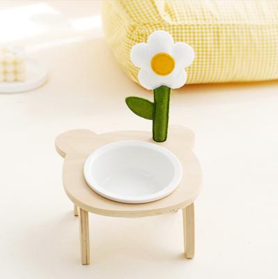 China Sustainable New Design Cute Style Raised Single Raised Dog Bowl With Holder Wooden Ceramic Bowl Raised Pet Feeder For Small Animal for sale