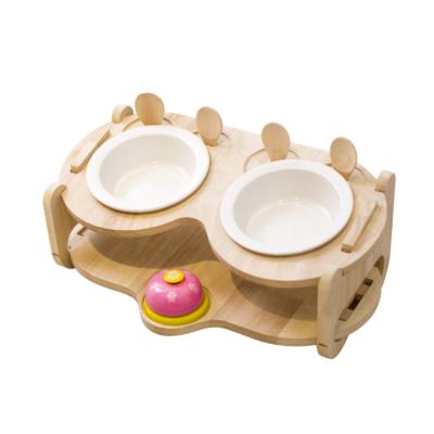 China High quality double viable cartoon dogs and cats cute wooden bamboo ceramic pet bowl feeder for sale