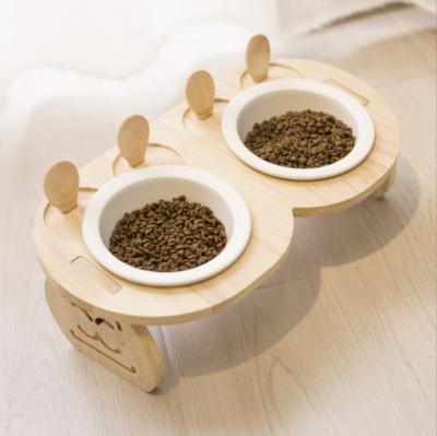 China New Viable Practical Guard Wooden Frame Ceramic Cat Bowl Raised Cat Bowl Cat Food Bowl Feeder Raised Neck Ceramic for sale