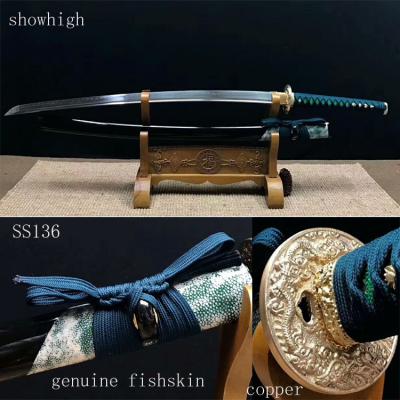 China hand made sword with T10 clay tempred real hamon blade partial genuine fishskin saya brass tsuba for sale