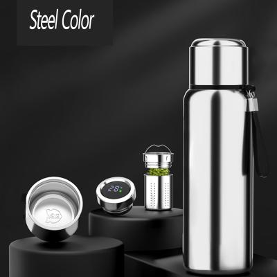 China Outdoor Customized PORTABLE 800ml Smart Logo Temperature Display Stainless Steel Convenient Water Bottle With Tea Separating Cup for sale