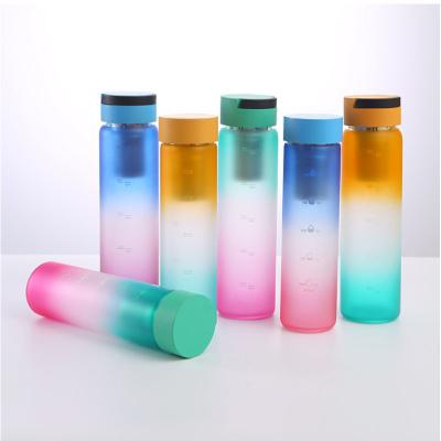 China Viable Custom Logo Gradient Color Painted Glass Tumbler Cloth Cover Handle with Bamboo Lid and Tea Drain Glass Water Bottle for sale