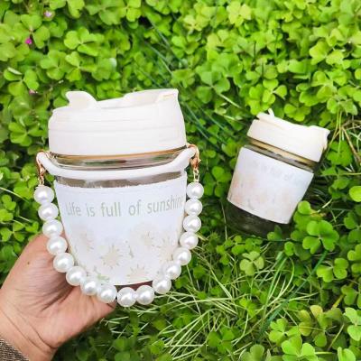 China Sustainable Logo Fashion Pearl Chain Water Cup Household Sustainable Office With Straw Portable Glass Water Bottle for sale