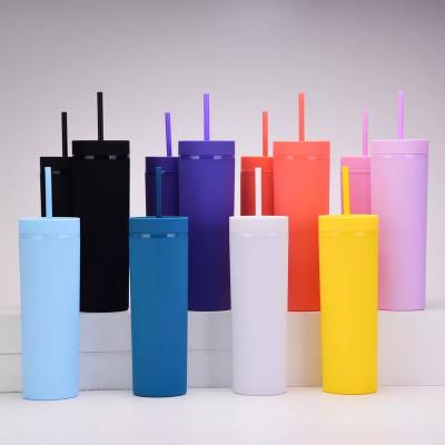 China Custom Viable Solid Color Straight Rubber Water Bottle Paint Cup Logo 16oz Double Layer Portable Plastic Water Bottle With Straw for sale